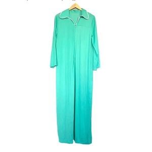 Vintage 70s Aqua Green Long Sleeve Nightgown 38 L Vassarette Housecoat Zip Front